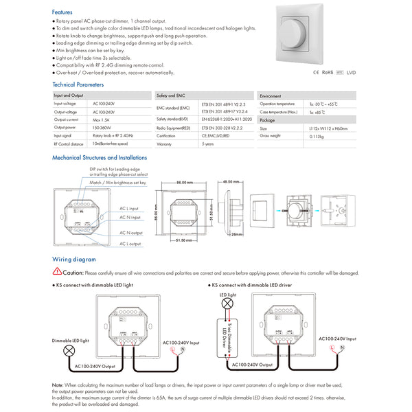 71456 KS SKYDANCE AC Smart RF 2.4Ghz & Ροοστάτη Triac Dimming AC100-240V σε AC100-240V 1 x 1.5A 360W - Max 1.5A 360W - IP20 - Λευκό Σώμα - Μ8.5 x Π8.5 x Υ5.2cm - 5 Years Warranty