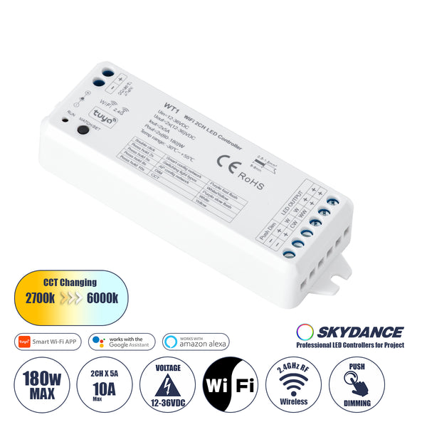 71468 WT1 SKYDANCE DC WiFi & RF 2.4Ghz Dimmer High Speed Controller 2 Καναλιών DC 12-36V 2 x 5A 180W - Max 10A 180W - IP20 Μ11.5 x Π3.5 x Υ2cm - 5 Years Warranty