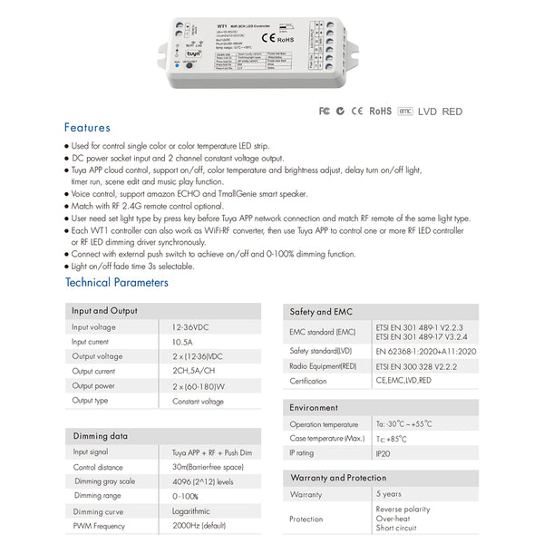 71468 WT1 SKYDANCE DC WiFi & RF 2.4Ghz Dimmer High Speed Controller 2 Καναλιών DC 12-36V 2 x 5A 180W - Max 10A 180W - IP20 Μ11.5 x Π3.5 x Υ2cm - 5 Years Warranty