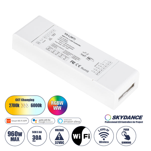 71470 V5-L SKYDANCE DC WiFi & RF 2.4Ghz Dimmer High Speed Controller 5 Καναλιών DC 12-48V 5 x 6A 288W - Max 30A 1440W - IP20 Μ18 x Π5.7 x Υ2.8cm - 5 Years Warranty