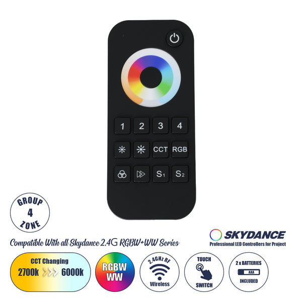 71544 RT10 SKYDANCE Ασύρματο Χειριστήριο Αφής RF 2.4Ghz 4 Group για όλα τα RGBW+WW SKYDANCE Controller DC 3V 2 x AAA - IP20 Μαύρο Μ12.2 x Π5.3 x Υ1.7cm - 5 Years Warranty