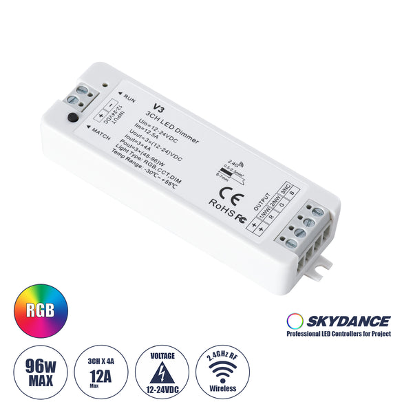 71546 V3 SKYDANCE DC RF 2.4Ghz Dimmer High Speed Controller 3 Καναλιών DC 12-24V 3 x 5A 96W - Max 12A 288W - IP20 Μ10 x Π3.5 x Υ2cm - 5 Years Warranty