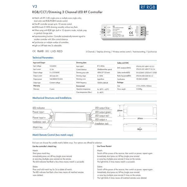 71546 V3 SKYDANCE DC RF 2.4Ghz Dimmer High Speed Controller 3 Καναλιών DC 12-24V 3 x 5A 96W - Max 12A 288W - IP20 Μ10 x Π3.5 x Υ2cm - 5 Years Warranty