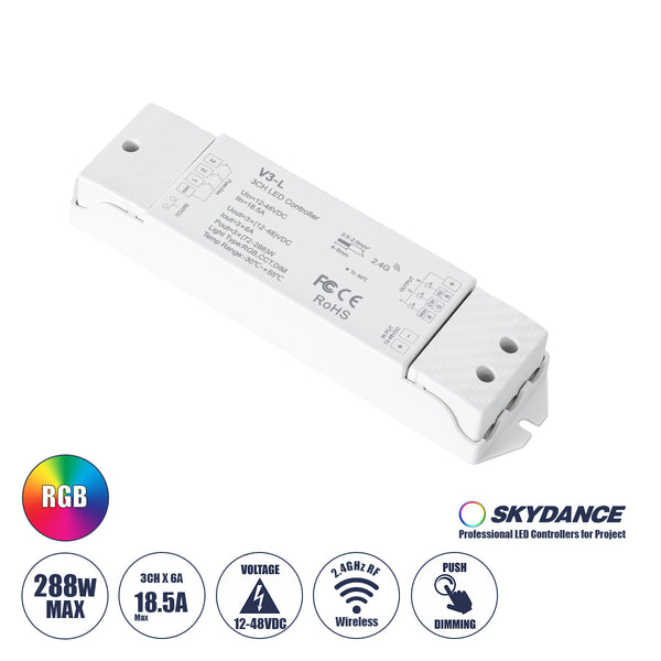 71547 V3-L SKYDANCE DC RF 2.4Ghz Dimmer High Speed Controller & Push Dimming 3 Κανάλια DC 12-48V 3 x 6A 288W - Max 18.5A 288W - IP20 Μ17.5 x Π4.5 x Υ2.5cm - 5 Years Warranty