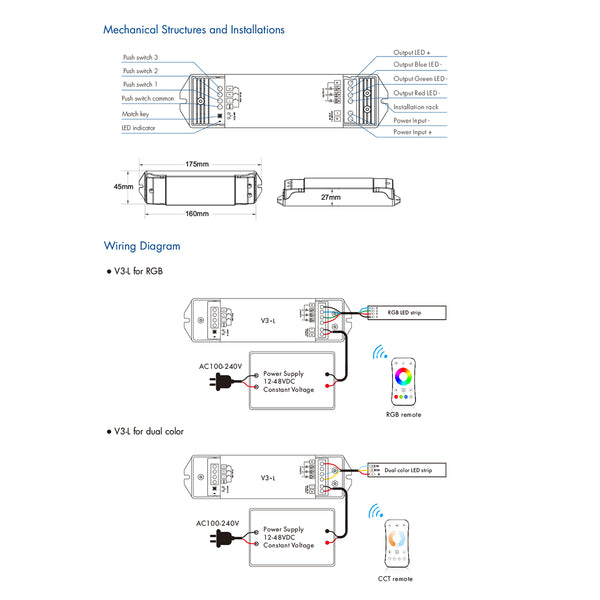 71547 V3-L SKYDANCE DC RF 2.4Ghz Dimmer High Speed Controller & Push Dimming 3 Κανάλια DC 12-48V 3 x 6A 288W - Max 18.5A 288W - IP20 Μ17.5 x Π4.5 x Υ2.5cm - 5 Years Warranty