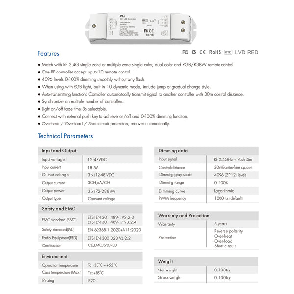 71547 V3-L SKYDANCE DC RF 2.4Ghz Dimmer High Speed Controller & Push Dimming 3 Κανάλια DC 12-48V 3 x 6A 288W - Max 18.5A 288W - IP20 Μ17.5 x Π4.5 x Υ2.5cm - 5 Years Warranty