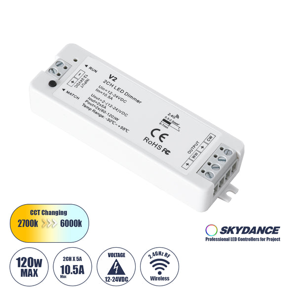 71564 V2 SKYDANCE DC RF 2.4Ghz Dimmer High Speed Controller 2 Καναλιών DC 12-24V 2 x 5A 120W - Max 10.5A 252W - IP20 Μ10 x Π3.5 x Υ2cm - 5 Years Warranty