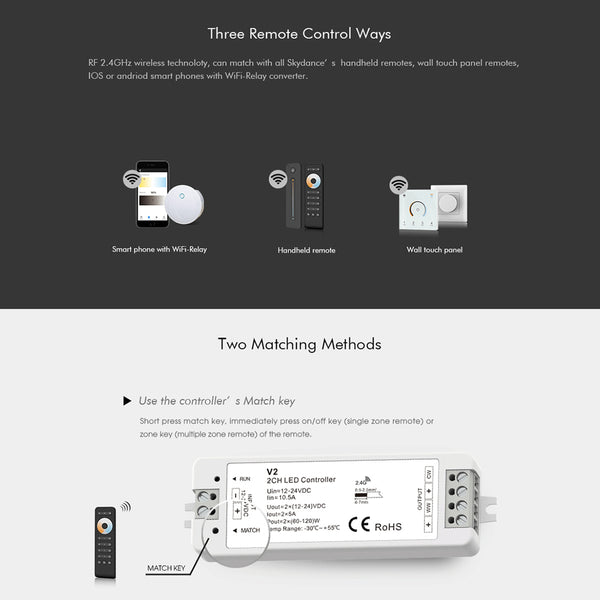 71564 V2 SKYDANCE DC RF 2.4Ghz Dimmer High Speed Controller 2 Καναλιών DC 12-24V 2 x 5A 120W - Max 10.5A 252W - IP20 Μ10 x Π3.5 x Υ2cm - 5 Years Warranty