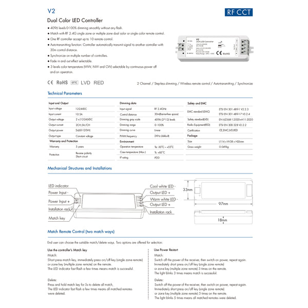 71564 V2 SKYDANCE DC RF 2.4Ghz Dimmer High Speed Controller 2 Καναλιών DC 12-24V 2 x 5A 120W - Max 10.5A 252W - IP20 Μ10 x Π3.5 x Υ2cm - 5 Years Warranty