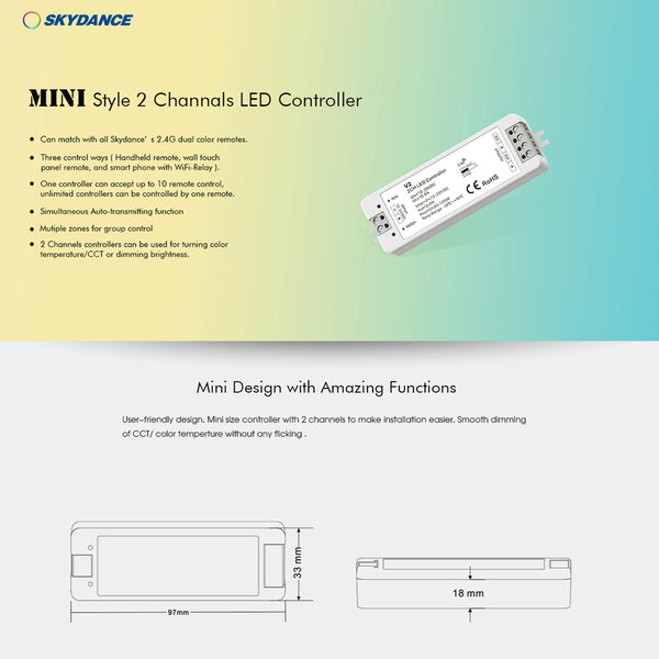 71564 V2 SKYDANCE DC RF 2.4Ghz Dimmer High Speed Controller 2 Καναλιών DC 12-24V 2 x 5A 120W - Max 10.5A 252W - IP20 Μ10 x Π3.5 x Υ2cm - 5 Years Warranty