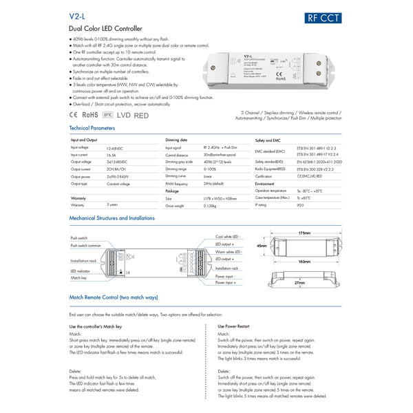 71565 V2-L SKYDANCE DC RF 2.4Ghz Dimmer High Speed Controller & Push Dimming 2 Κανάλια DC 12-48V 2 x 8A 384W - Max 16.5A 384W - IP20 Μ17.5 x Π4.5 x Υ2.5cm - 5 Years Warranty