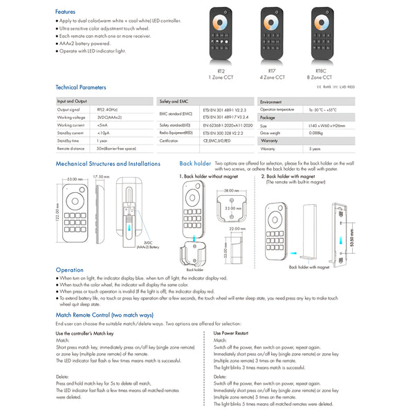 71566 RT2 SKYDANCE Ασύρματο Χειριστήριο Αφής RF 2.4Ghz 1 Group για όλα τα CCT SKYDANCE Controller DC 3V 2 x AAA - IP20 Μαύρο Μ12.2 x Π5.3 x Υ1.7cm - 5 Years Warranty