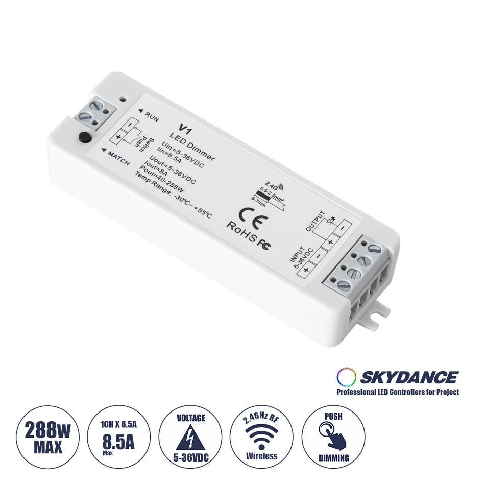 GLOBOSTAR® SKYDANCE-V1 71567 DC RF 2.4Ghz & Push Dimmer / Controller με 1 x 8A 288W Κανάλι DC 5-36V 8A 288W Max IP20 - RF 2.4Ghz & Push Dimming - Μ10 x Π3.5 x Υ2cm - 5 Χρόνια Εγγύηση