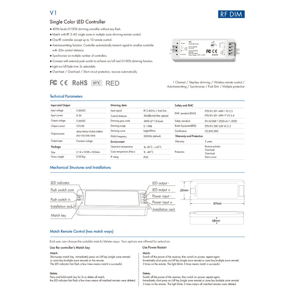 71567 V1 SKYDANCE DC RF 2.4Ghz Dimmer High Speed Controller & Push Dimming 1 Κανάλι DC 5-36V 1 x 8A 288W - Max 8.5A 288W - IP20 Μ10 x Π3.5 x Υ2cm - 5 Years Warranty