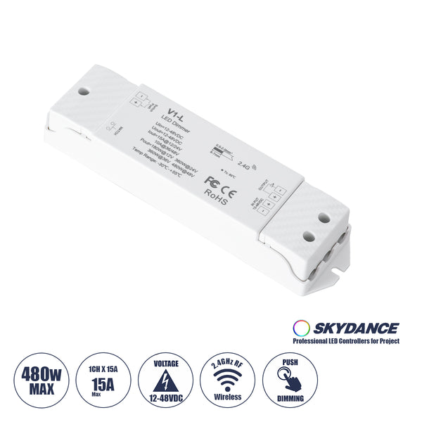 71568 V1-L SKYDANCE DC RF 2.4Ghz Dimmer High Speed Controller & Push Dimming 1 Κανάλι DC 12-48V 1 x 15A 480W - Max 15A 480W - IP20 Μ17.5 x Π4.5 x Υ2.5cm - 5 Years Warranty