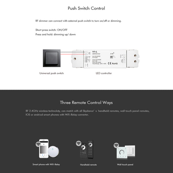 71568 V1-L SKYDANCE DC RF 2.4Ghz Dimmer High Speed Controller & Push Dimming 1 Κανάλι DC 12-48V 1 x 15A 480W - Max 15A 480W - IP20 Μ17.5 x Π4.5 x Υ2.5cm - 5 Years Warranty