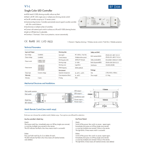 71568 V1-L SKYDANCE DC RF 2.4Ghz Dimmer High Speed Controller & Push Dimming 1 Κανάλι DC 12-48V 1 x 15A 480W - Max 15A 480W - IP20 Μ17.5 x Π4.5 x Υ2.5cm - 5 Years Warranty