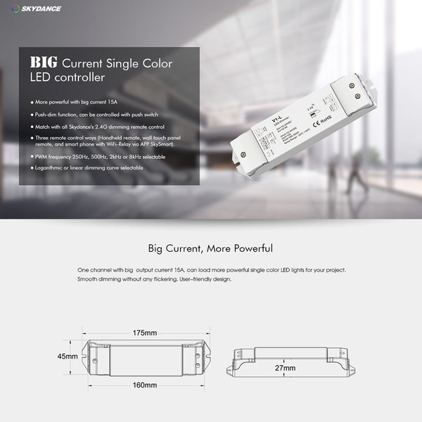 71568 V1-L SKYDANCE DC RF 2.4Ghz Dimmer High Speed Controller & Push Dimming 1 Κανάλι DC 12-48V 1 x 15A 480W - Max 15A 480W - IP20 Μ17.5 x Π4.5 x Υ2.5cm - 5 Years Warranty