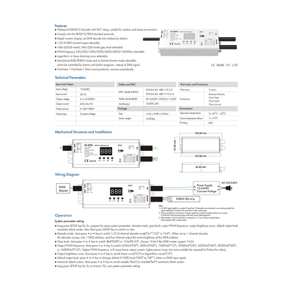 71571-IP65 D4-WP SKYDANCE DC DMX & RDM Dimmer High Speed Controller / Decoder 4 Καναλιών DC 12-36V 4 x 5A 180W - Max 20.5A 720W - Αδιάβροχος IP65 Μ17 x Π8 x Υ4cm - 5 Years Warranty