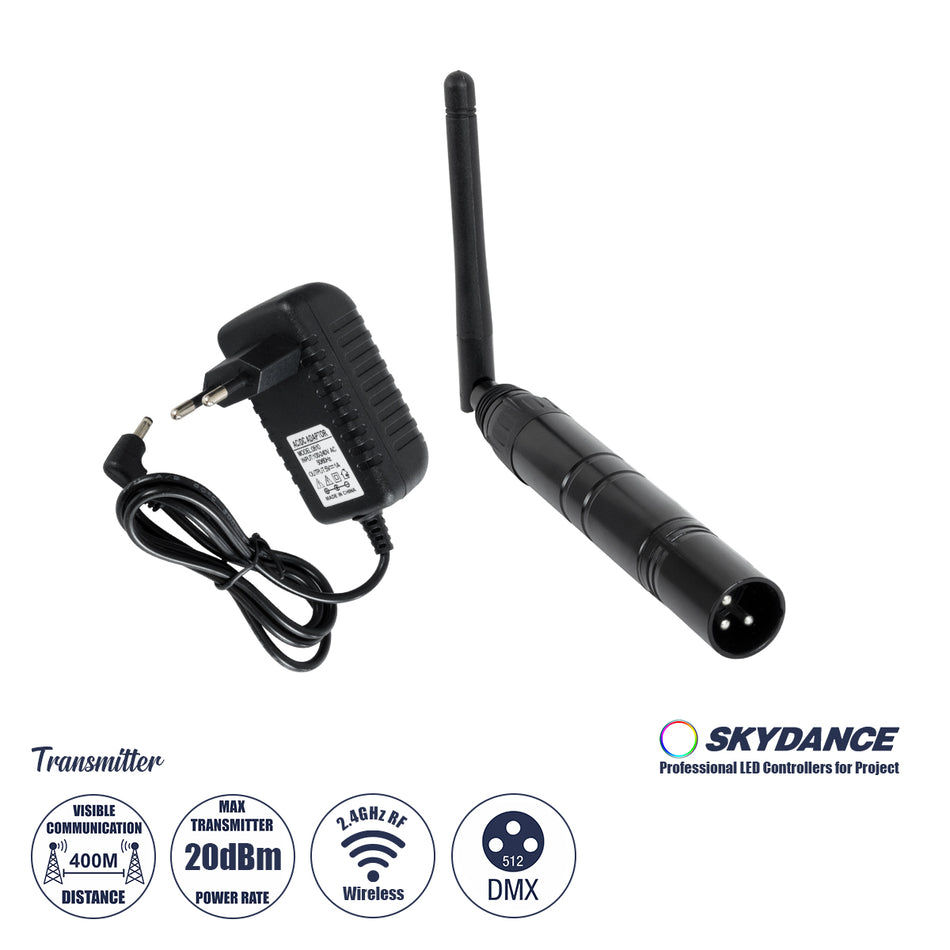 GLOBOSTAR® SKYDANCE-DM-WT 71577 DMX512 Ασύρματος Πομπός RF 2.4Ghz ISM GFSK 20dBm 400m Αρσενικό XLR3 DC 5V IP20 - Μ1.9 x Π1.9 x Υ22cm - 5 Χρόνια Εγγύηση