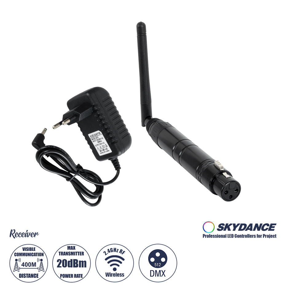 GLOBOSTAR® SKYDANCE-DM-WR 71578 DMX512 Ασύρματος Δέκτης RF 2.4Ghz ISM GFSK 20dBm 400m Θηλυκό XLR3 DC 5V IP20 - Μ1.9 x Π1.9 x Υ22cm - 5 Χρόνια Εγγύηση