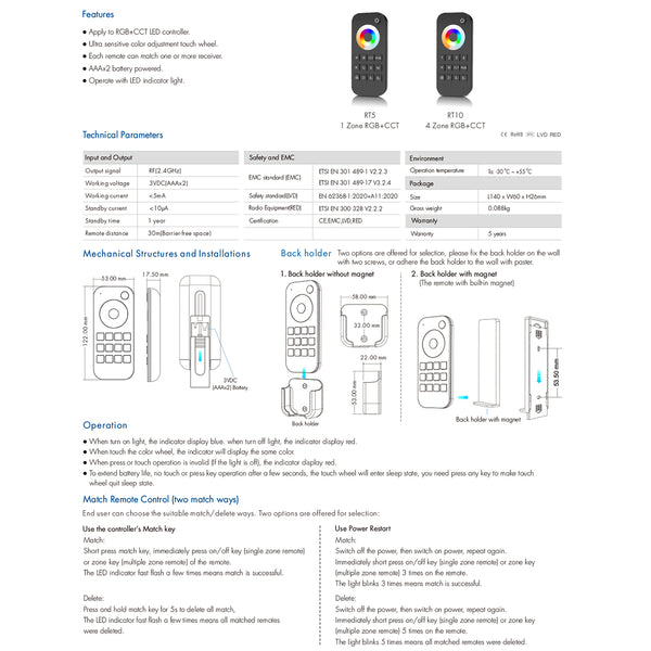 73009 RT5 SKYDANCE Ασύρματο Χειριστήριο Αφής RF 2.4Ghz 1 Group για όλα τα RGBW+WW SKYDANCE Controller  DC 3V 2 x AAA - IP20 Μαύρο Μ5.3 x Π1.75 x Υ12.2cm - 5 Years Warranty