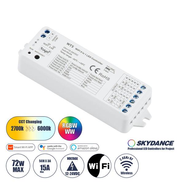 73010 WT5 SKYDANCE DC WiFi & RF 2.4Ghz Dimmer High Speed Controller 5 Καναλιών DC 12-24V 5 x 3A 72W - Max 15A 360W - IP20 Μ10 x Π4 x Υ2cm - 5 Years Warranty