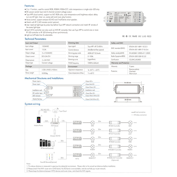 73010 WT5 SKYDANCE DC WiFi & RF 2.4Ghz Dimmer High Speed Controller 5 Καναλιών DC 12-24V 5 x 3A 72W - Max 15A 360W - IP20 Μ10 x Π4 x Υ2cm - 5 Years Warranty