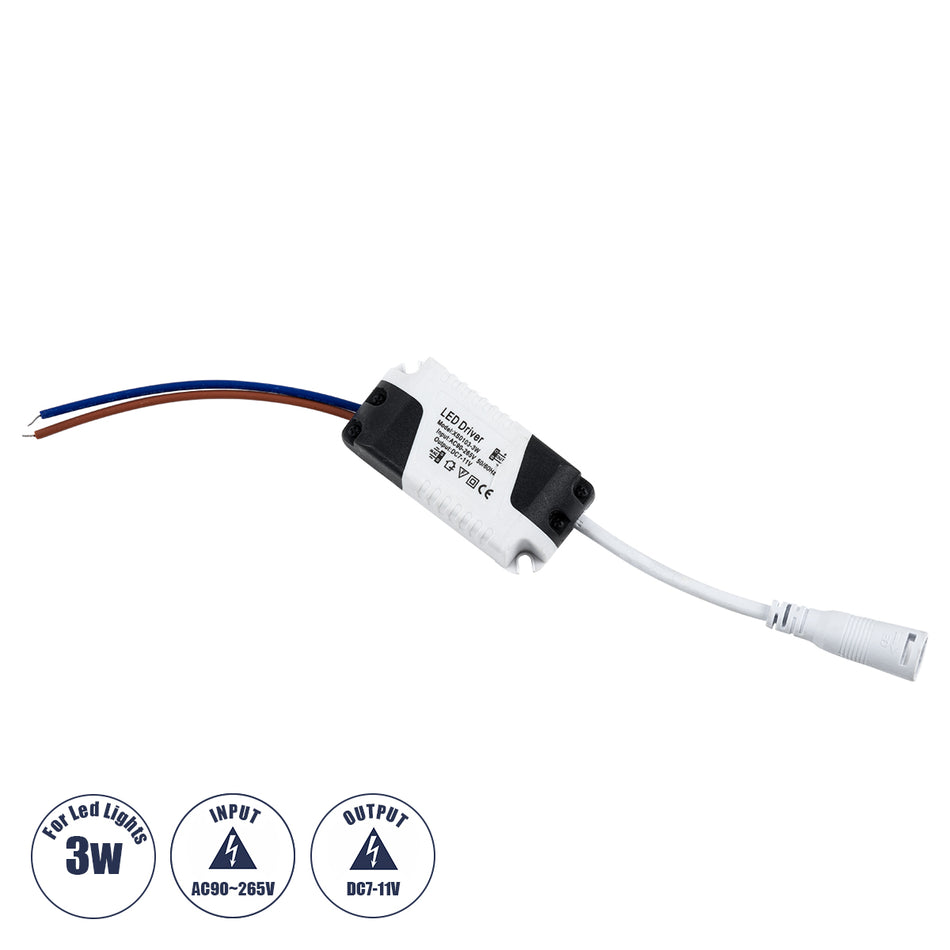 GloboStar® 73075 Πλαστικό Τροφοδοτικό SELV για Προϊόντα LED 3W - AC 220-240V σε DC 7-11V - IP20 L6 x W3 x H2cm - 3 Χρόνια Εγγύηση