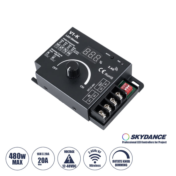 73117 V1-K SKYDANCE DC RF 2.4Ghz Dimmer PWM Frequency Controller 1 Κανάλι DC 12-24V 1 x 20A 480W - Max 20A 480W - IP20 Μ10.7 x Π7.5 x Υ3.8cm - 5 Χρόνια Εγγύηση