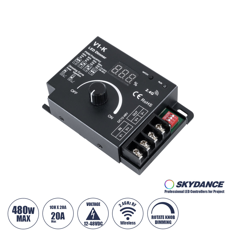 GLOBOSTAR® SKYDANCE-V1-K 73117 Dimmer με 1 x 20A 480W Κανάλι DC 12-48V 20A 480W Max IP20 - PWM - RF2.4Ghz - Μ10.7 x Π7.5 x Υ3.8cm - 5 Χρόνια Εγγύηση