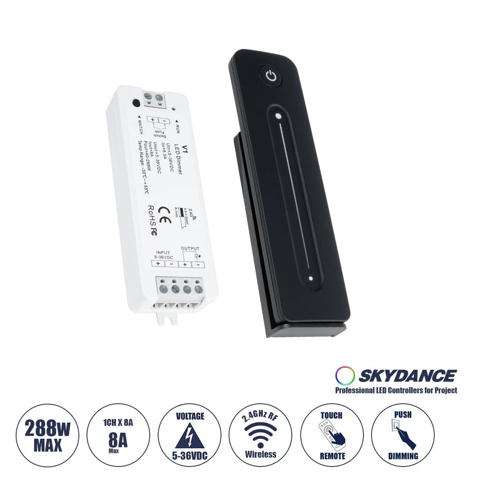 GloboStar® 73119 V1+R11 SKYDANCE ΣΕΤ Dimmer & Ασύρματο Χειριστήριο Αφής 1 Group RF 2.4Ghz 8A Max DC 5-36V (288W) - DC 3V IP20 - 5 Χρόνια Εγγύηση