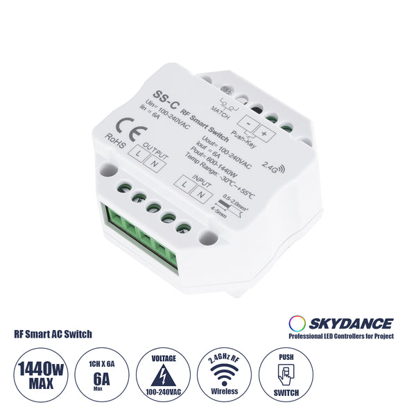 73126 SS-C SKYDANCE AC RF 2.4Ghz & Push Switch 1 Κανάλι AC 100-240V 1 x 6A 1440W - Max 6A 1440W - IP20  Μ5.2 x Π5.2 x Υ2.6cm - 5 Χρόνια Εγγύηση