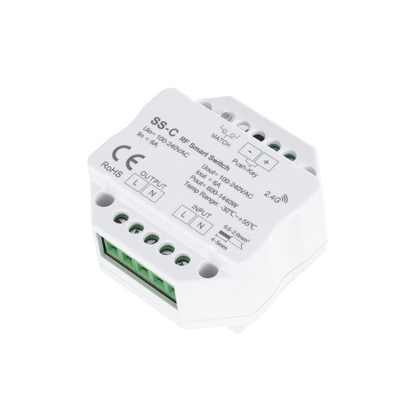 73126 SS-C SKYDANCE AC RF 2.4Ghz & Push Switch 1 Κανάλι AC 100-240V 1 x 6A 1440W - Max 6A 1440W - IP20  Μ5.2 x Π5.2 x Υ2.6cm - 5 Χρόνια Εγγύηση