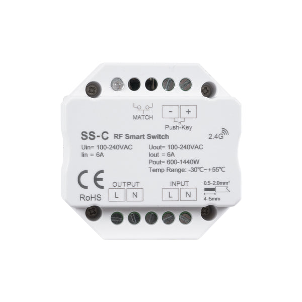 73126 SS-C SKYDANCE AC RF 2.4Ghz & Push Switch 1 Κανάλι AC 100-240V 1 x 6A 1440W - Max 6A 1440W - IP20  Μ5.2 x Π5.2 x Υ2.6cm - 5 Χρόνια Εγγύηση