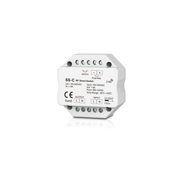 73126 SS-C SKYDANCE AC RF 2.4Ghz & Push Switch 1 Κανάλι AC 100-240V 1 x 6A 1440W - Max 6A 1440W - IP20  Μ5.2 x Π5.2 x Υ2.6cm - 5 Χρόνια Εγγύηση