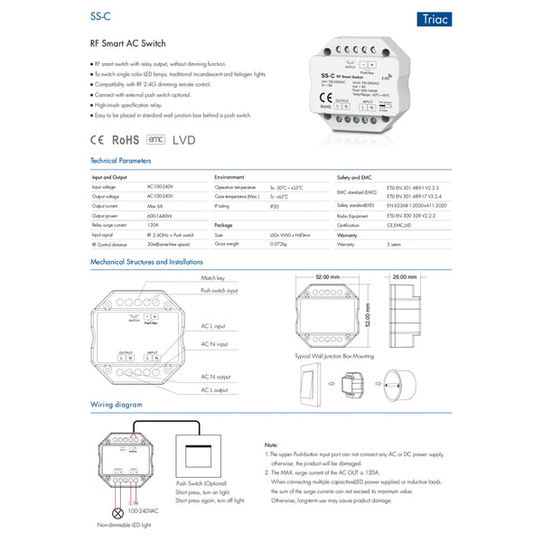 73126 SS-C SKYDANCE AC RF 2.4Ghz & Push Switch 1 Κανάλι AC 100-240V 1 x 6A 1440W - Max 6A 1440W - IP20  Μ5.2 x Π5.2 x Υ2.6cm - 5 Χρόνια Εγγύηση