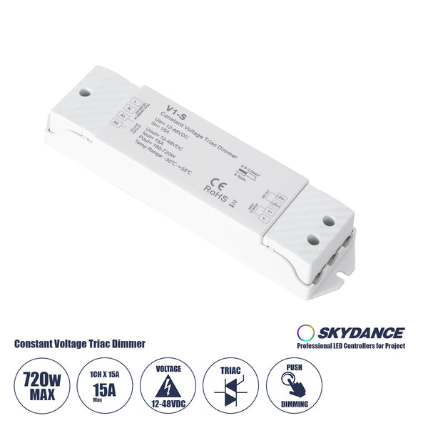 73127 V1-S SKYDANCE AC Triac Dimmer Push Dimming 1 Κανάλι DC 12-48V 1 x 15A 720W - Max 15A 720W - IP20  Μ17.5 x Π4.5 x Υ2.5cm - 5 Χρόνια Εγγύηση