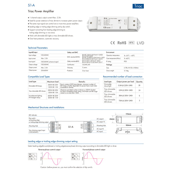 73128 S1-A SKYDANCE AC Triac Amplifier 1 Κανάλι AC 100-240V 1 x 2.5A 600W - Max 2.5A 600W - IP20  Μ17.5 x Π4.5 x Υ2.5cm - 5 Χρόνια Εγγύηση