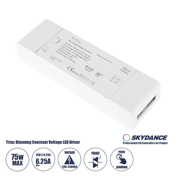 73129 TE-75-12 SKYDANCE AC Triac Dimmer Push Dimming 1 Κανάλι AC 200-240V 1 x 6.25A 75W - Max 6.25A 75W - IP20 Μ18 x Π5.7 x Υ3cm - 5 Χρόνια Εγγύηση