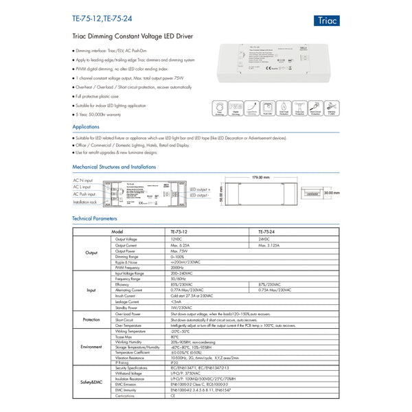 73129 TE-75-12 SKYDANCE AC Triac Dimmer Push Dimming 1 Κανάλι AC 200-240V 1 x 6.25A 75W - Max 6.25A 75W - IP20 Μ18 x Π5.7 x Υ3cm - 5 Χρόνια Εγγύηση