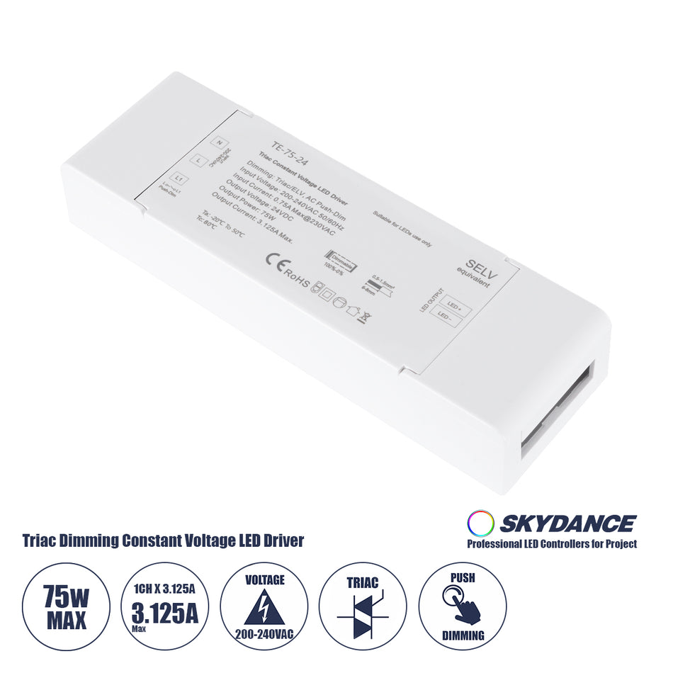 GLOBOSTAR® SKYDANCE-TE-75-24 73130 DC Triac & Push Dimmer CV Τροφοδοτικό/Μετασχηματιστής SELV με 1 x 3.125A 75W Κανάλι AC 220-240V σε DC 24V 3.125A 75W Max IP20 - Triac & Push Dimming - Μ18 x Π5.7 x Υ3cm - 5 Χρόνια Εγγύηση
