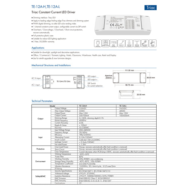 73132 TE-12A-L SKYDANCE AC Triac Dimmable Constant Current LED Driver 1 Κανάλι AC 200-240V 1 x 0.15A 12W - Max 0.15A 12W - IP20  Μ11.1 x Π3.7 x Υ2cm - 5 Χρόνια Εγγύηση