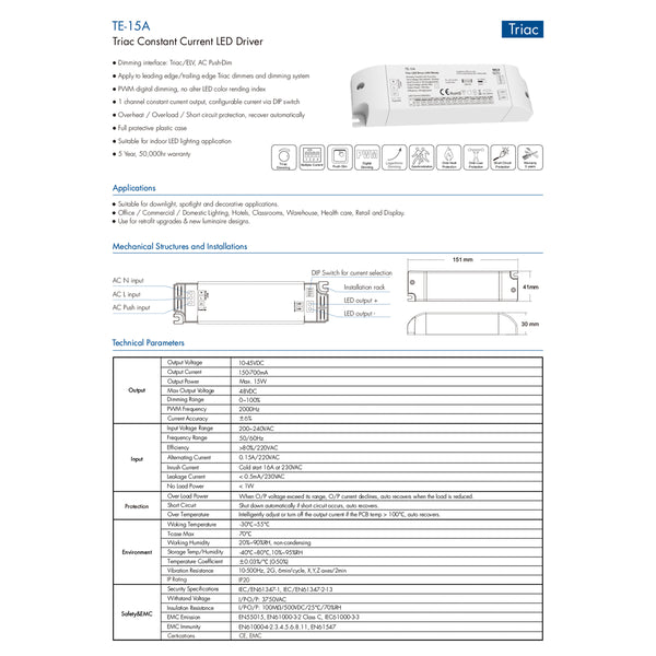 73133 TE-15A SKYDANCE AC Triac Dimmable Constant Current LED Driver Push Dimming 1 Κανάλι AC 200-240V 1 x 0.15A 15W - Max 0.15A 15W - IP20  Μ15.1 x Π4.1 x Υ3cm - 5 Χρόνια Εγγύηση