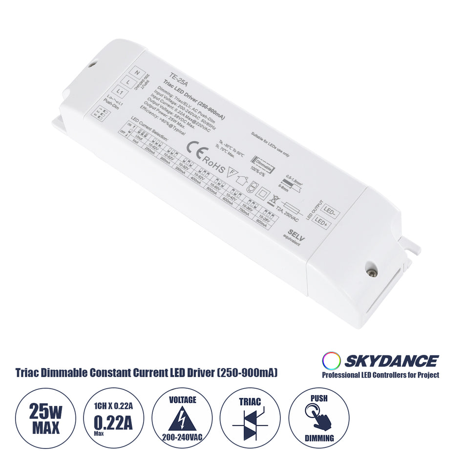 GLOBOSTAR® SKYDANCE-TE-25A 73134 DC Triac & Push Dimmer CC Τροφοδοτικό/Μετασχηματιστής SELV με 1 x 250-900mA 25W Κανάλι AC 220-240V σε DC 10-52V 900mA 25W Max IP20 - Triac & Push Dimming - Μ17.5 x Π4.4 x Υ3cm - 5 Χρόνια Εγγύηση