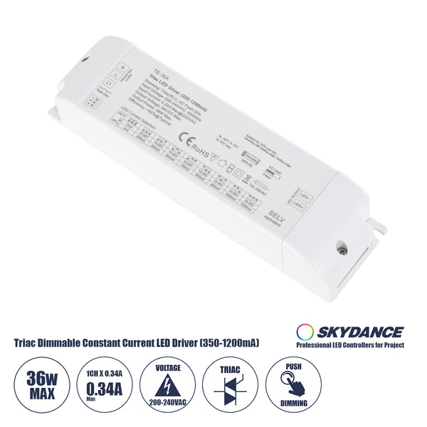 73135 TE-36A SKYDANCE AC Triac Dimmable Constant Current LED Driver Push Dimming 1 Κανάλι AC 200-240V 1 x 0.34A 36W - Max 0.34A 36W - IP20 Μ17.5 x Π4.4 x Υ3cm - 5 Χρόνια Εγγύηση