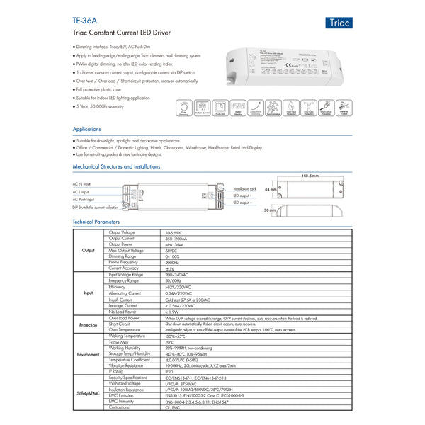 73135 TE-36A SKYDANCE AC Triac Dimmable Constant Current LED Driver Push Dimming 1 Κανάλι AC 200-240V 1 x 0.34A 36W - Max 0.34A 36W - IP20 Μ17.5 x Π4.4 x Υ3cm - 5 Χρόνια Εγγύηση