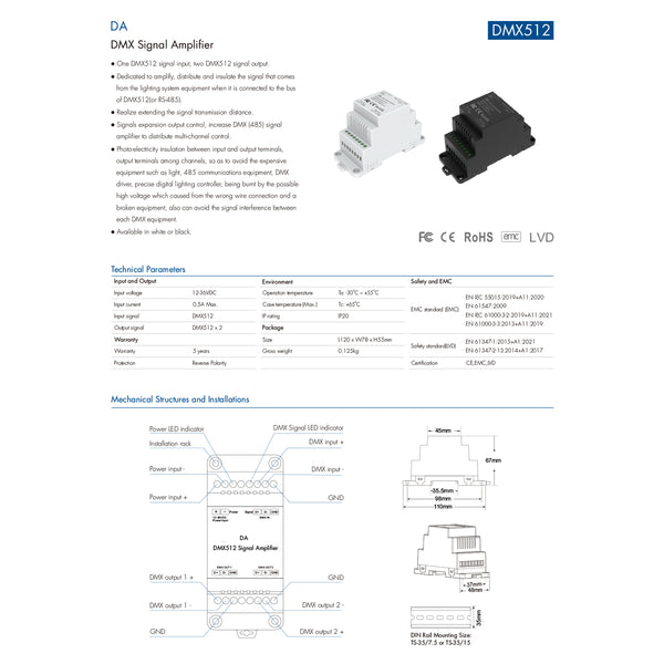 73137 DA SKYDANCE DC DMX512 Signal Amplifier Din Rail Ράγας 2 Καναλιών DC 12-48V - IP20  Μ11.5 x Π5 x Υ6.5cm - 5 Χρόνια Εγγύηση