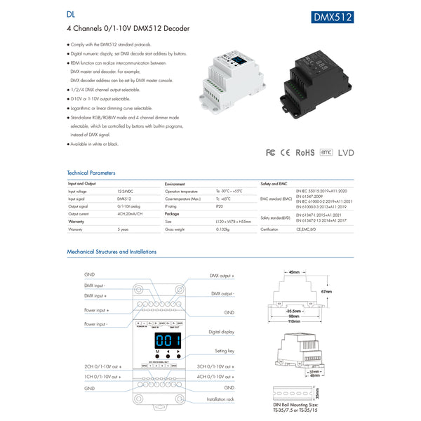 73139 DL SKYDANCE DC DMX512 Signal Amplifier Din Rail Ράγας 2 Καναλιών DC 12-48V - IP20  Μ11.5 x Π5 x Υ6.5cm - 5 Χρόνια Εγγύηση