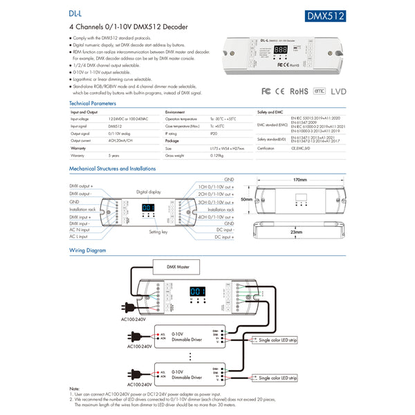 73140 DL-L SKYDANCE AC DMX512 to 0/1-10V Converter / Decoder 4 Καναλιών - 2 Inputs DC 12-24V ή AC 100-240V - IP20  Μ17 x Π5 x Υ2.5cm - 5 Χρόνια Εγγύηση